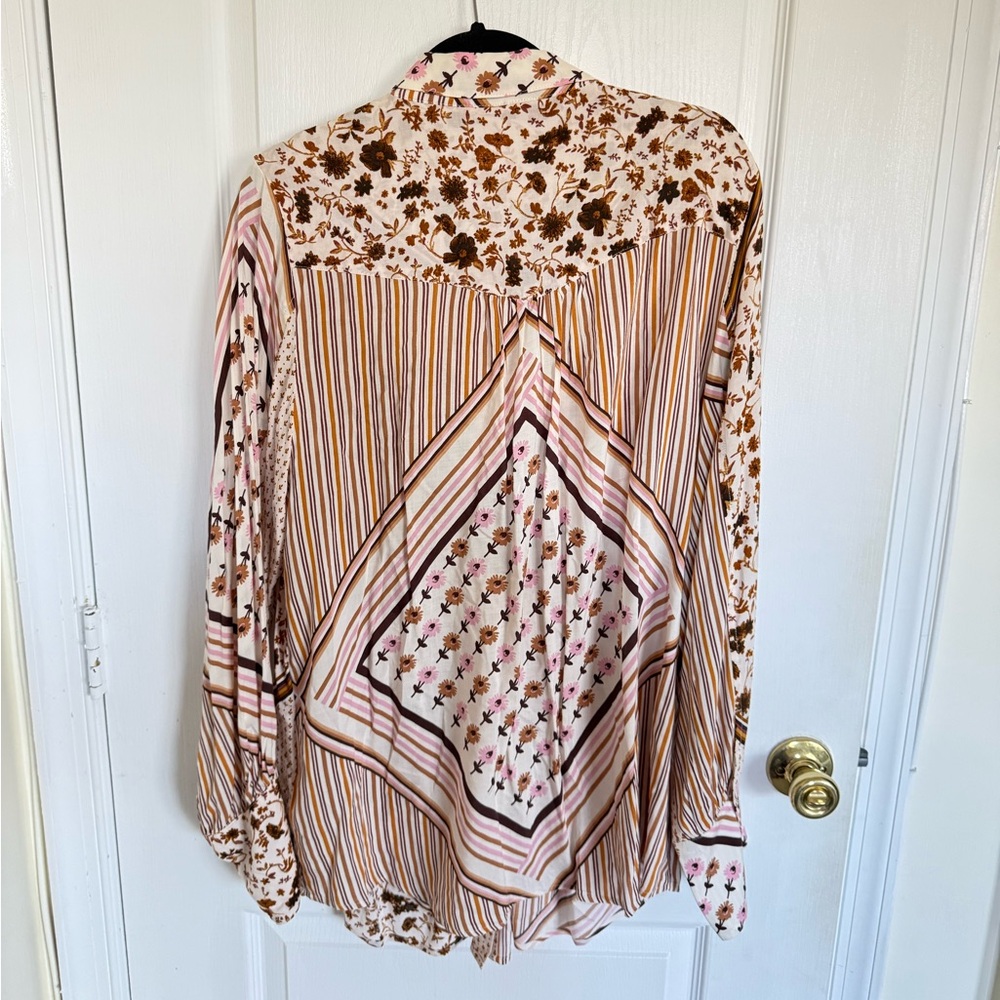 Free People Mixed Floral and Stripe Button-Down Shirt in Cream and Brown - Picture 8 of 8